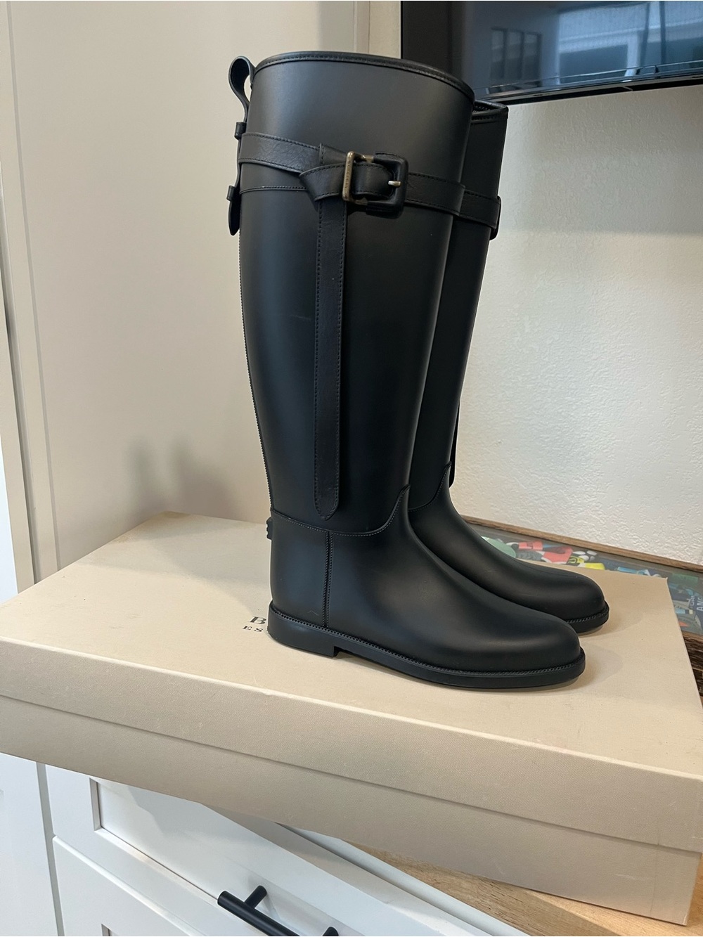 Burberry Black Tall Riding Rain Boots with Buckle Detail